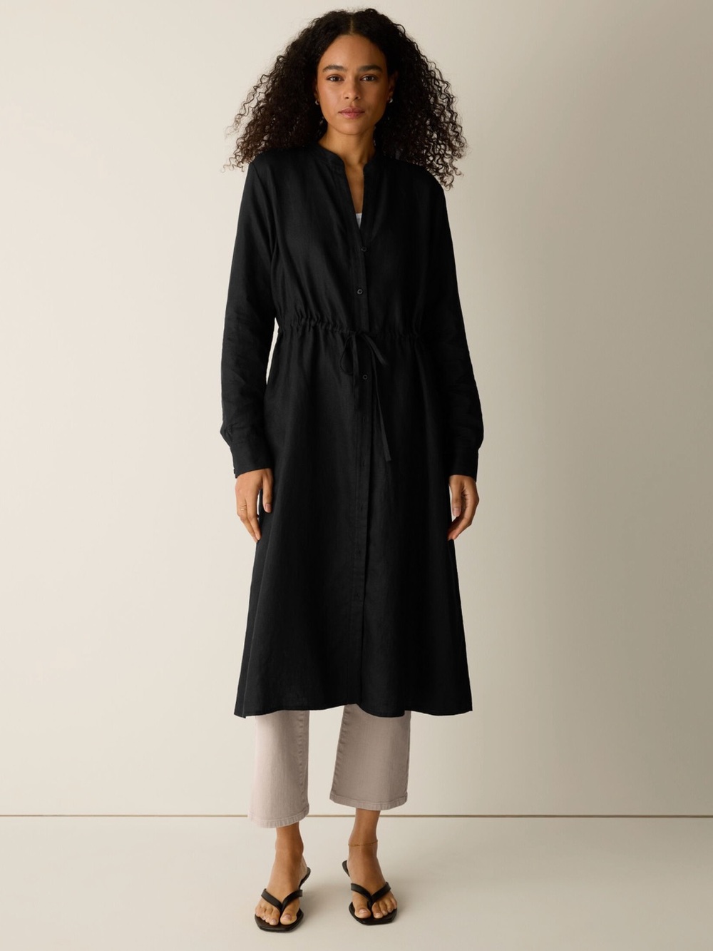 EILEEN FISHER 'Organic Linen Band Collar Shirtdress' in Black - Picture 2 of 10